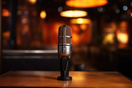 close up of a microphone on a table, created with generative aiの素材