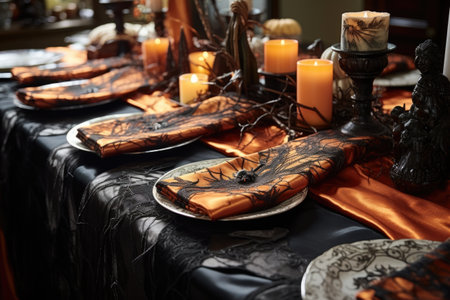 halloween-themed napkins on a buffet table, created with generative aiの素材