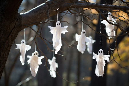 handcrafted paper ghosts hanging from a tree branch, created with generative aiの素材