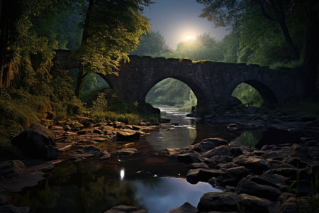 an ancient stone bridge in moonlight, created with generative aiの素材