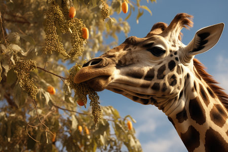 a giraffe eating leaves from a tall tree, created with generative aiの素材
