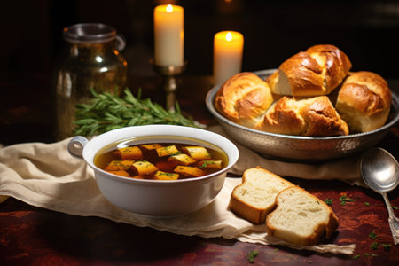 bowl of matzah ball soup beside a bowl of challah slices on a table, created with generative aiの素材