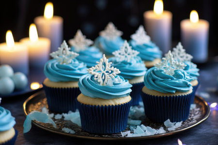 hanukkah themed cupcakes creatively decorated with blue icing, created with generative aiの素材