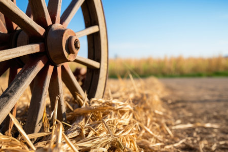 wheel detail of a traditional wooden hayride wagon in a farm field, created with generative aiの素材