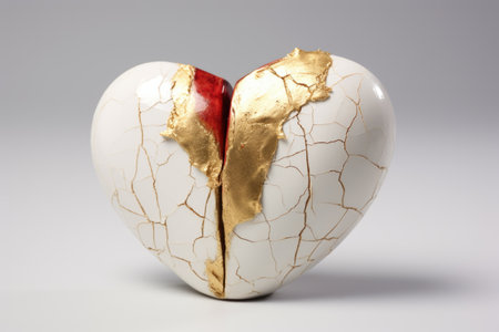 a split ceramic heart with a gold-leaf repairing line on a white surface, created with generative aiの素材