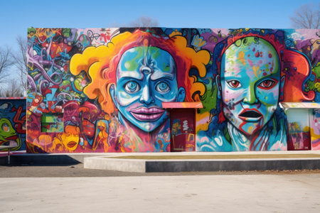 graffiti wall with vibrant colors at a skate park, created with generative aiの素材