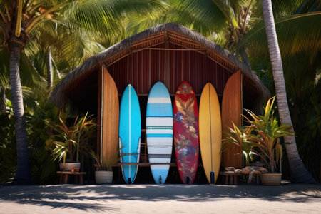 surfboards leaning against a tropical beach hut, created with generative aiの素材