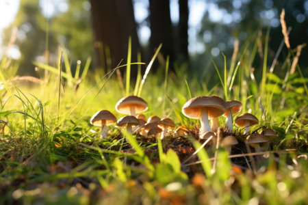 a group of mushrooms in a grassy field, created with generative aiの素材