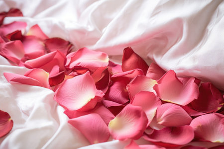 detail of rose petals on white bed linen, created with generative aiの素材