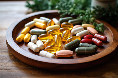 a collection of hormone supplement pills on a tray, created with generative aiの素材