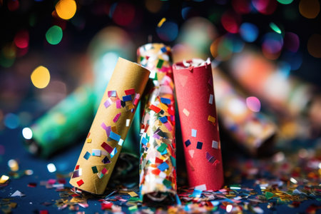 christmas crackers filled with colorful paper confetti, created with generative aiの素材