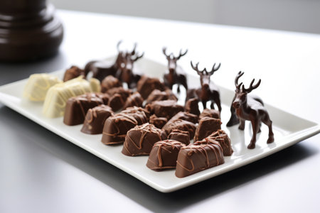 reindeer-shape chocolates on a white platter, created with generative aiの素材