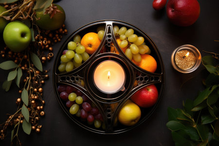 overhead view of kinara candle holder with fruits nearby, created with generative aiの素材