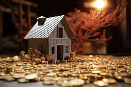 house model next to ascending pile of coins, created with generative aiの素材