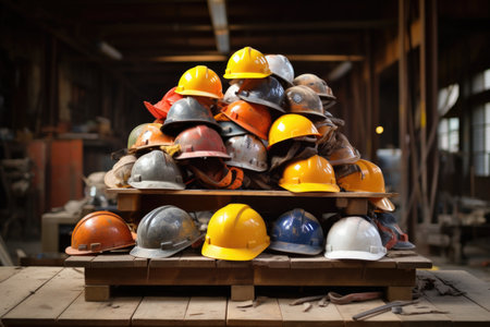 stack of assorted work helmets on a factory table, created with generative aiの素材