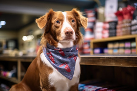 a dog wearing a branded bandana in front of a product display, created with generative aiの素材