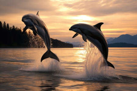 dolphins doing a synchronized jump, created with generative aiの素材