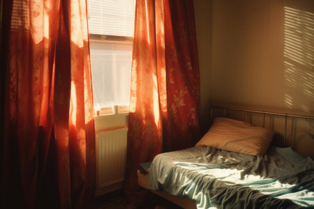 a window sunlight-blocking curtain in a bedroom, created with generative aiの素材