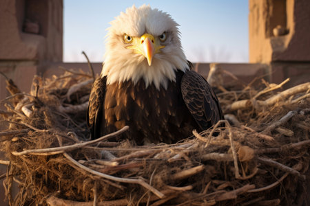 an eagle sitting in a well-built nest, created with generative aiの素材