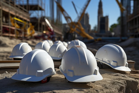 white safety helmets on a construction site, created with generative aiの素材