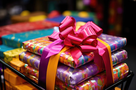 brightly wrapped gifts in a shopping cart, created with generative aiの素材