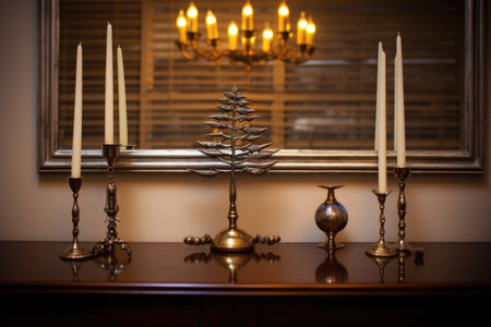 menorah on a mantle with reflections in a mirror, created with generative aiの素材