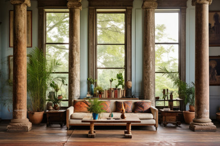 a living room with a window view, framed by two wooden antique columns, created with generative aiの素材