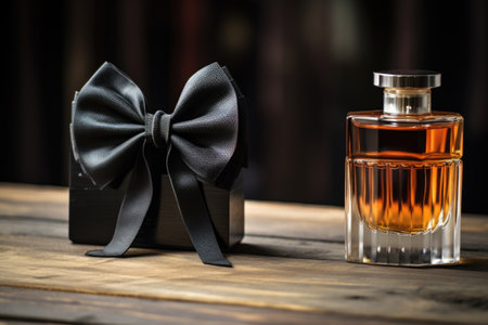 close-up of a black bow tie next to a glass perfume bottle on a wooden table, created with generative aiの素材