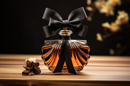 perfume bottle on a wooden table with a black bow tie next to it, created with generative aiの素材