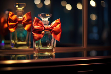 bow tie and perfume bottle on a glass shelf, with soft lighting, created with generative aiの素材