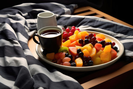 a colorful fruit salad beside a cup of black coffee on a tray on a minimalist bed, created with generative aiの素材