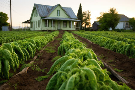 rows of green chili pepper plants, with a farmhouse in the background, created with generative aiの素材
