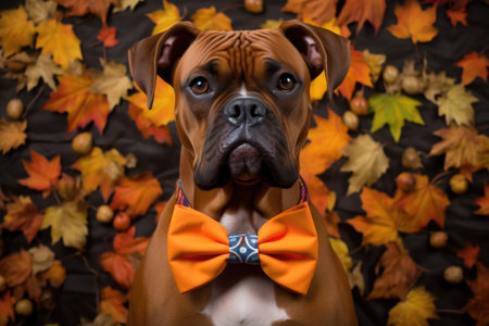 a boxer wearing an orange bow tie, surrounded by autumn leaves, created with generative aiの素材