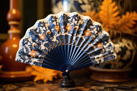 a hand fan decorated with traditional asian motifs, an electric fan in the soft focus background, created with generative aiの素材