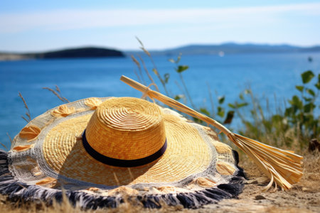 hand fan and straw hat placed on a hammock with the sea in the background, created with generative aiの素材