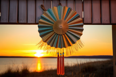 hand fan hanging from a beach huts wooden wall with the sunset in the background, created with generative aiの素材