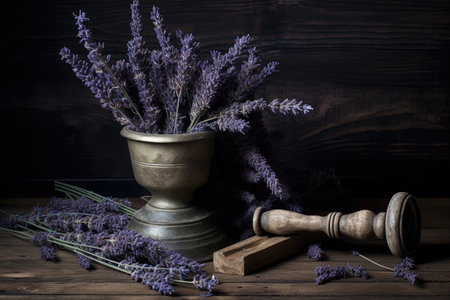 dried lavender in an antique brass mortar on a dark wooden table, created with generative aiの素材
