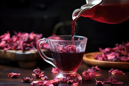 close-up of hibiscus tea pouring from a glass teapot into a cup, with dried hibiscus petals around, created with generative aiの素材