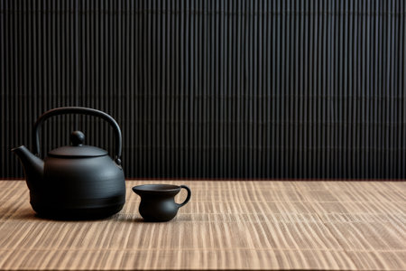 a minimalist shot of a cast iron japanese teapot on a bamboo mat, created with generative aiの素材
