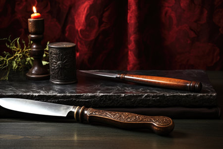 knife and sharpening stone set against a dark wooden background, created with generative aiの素材