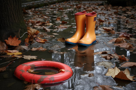 rain boots next to a puddle with a lifebuoy and fallen leaves, created with generative aiの素材