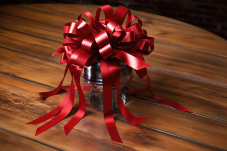 a bundle of steel nails tied with a red satin ribbon on a wooden table, created with generative aiの素材
