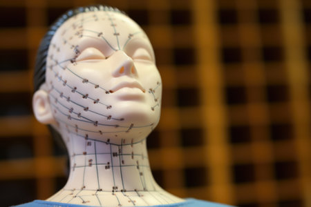 close up view of acupuncture dummy showing meridian points, created with generative aiの素材
