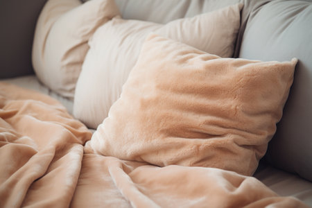 cuddle pillow on an unmade bed, created with generative aiの素材
