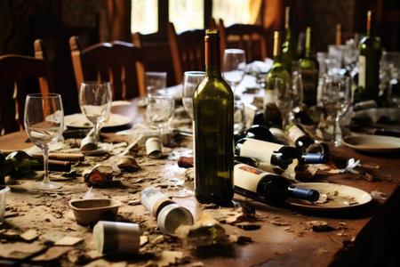 empty wine bottles and glasses strewn across a dining table, created with generative aiの素材