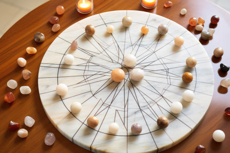 crystal grid arranged on a clean marble table, created with generative aiの素材