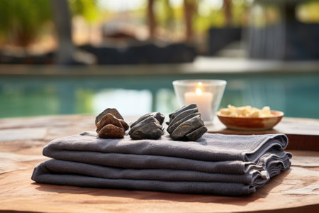 hot stones arranged on a towel next to a pool, created with generative aiの素材