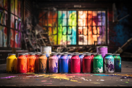 colorful spray cans for a graffiti art scene, created with generative aiの素材