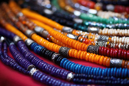 closeup of handcrafted beaded necklaces at a fair, created with generative aiの素材