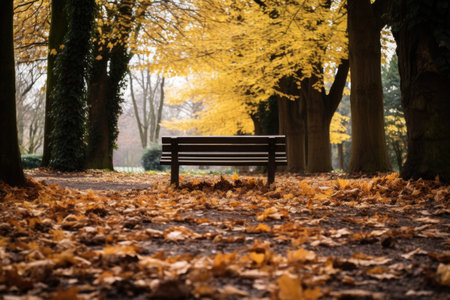 a wooden bench in a park surrounded by fallen leaves, created with generative aiの素材